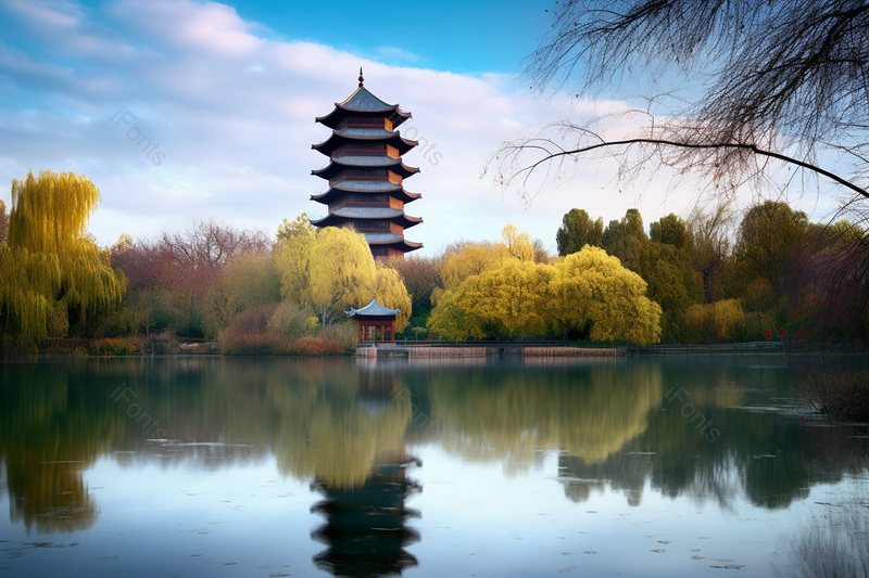 水面上天空的倒影北大博雅塔,高清,摄影图,摄影图片,图片大全,摄影图免费下载